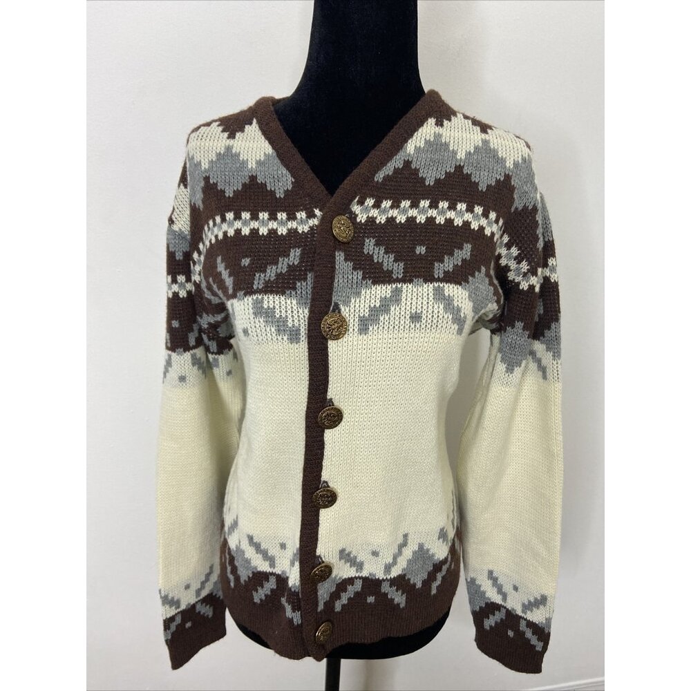 Vintage White Ram Women M Wool Ski Nordic Fair Isle Cardigan Wool Sweater Ramtuk